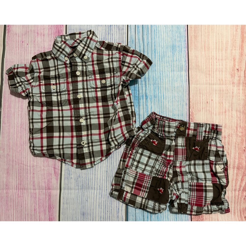 Gymboree Rescue Team patchwork plaid helicopter 2-piece set, size 6–12 months